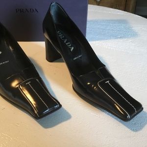 Prada Black Heels w White Stitch Detail